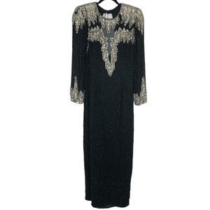 Vintage 80s Lime Night Beaded Long Dress Silk 10